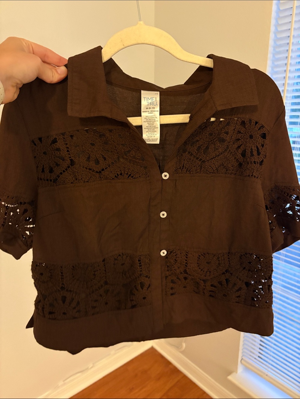 Time and Tru Brown Crochet-Panel Button Front Blouse